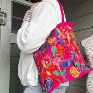 Vintage Bird And Floral Hand Embroidered Pink Colorful Tote